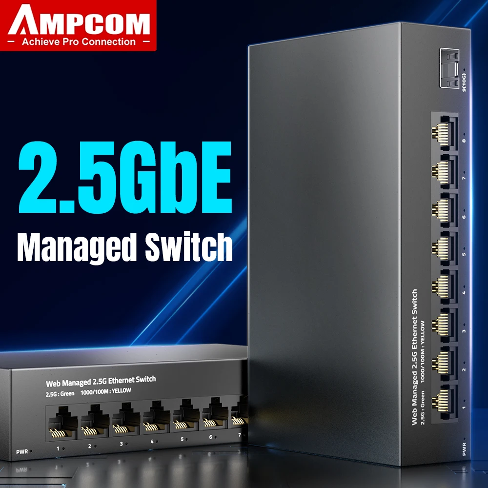 AMPCOM 2.5GbE zarządzany przełącznik UK Plug, 8 portów 2.5GBASE-T przełącznik sieciowy 10G Slot SFP Uplink do zarządzania siecią QOS VLAN lapp bez wentylatora