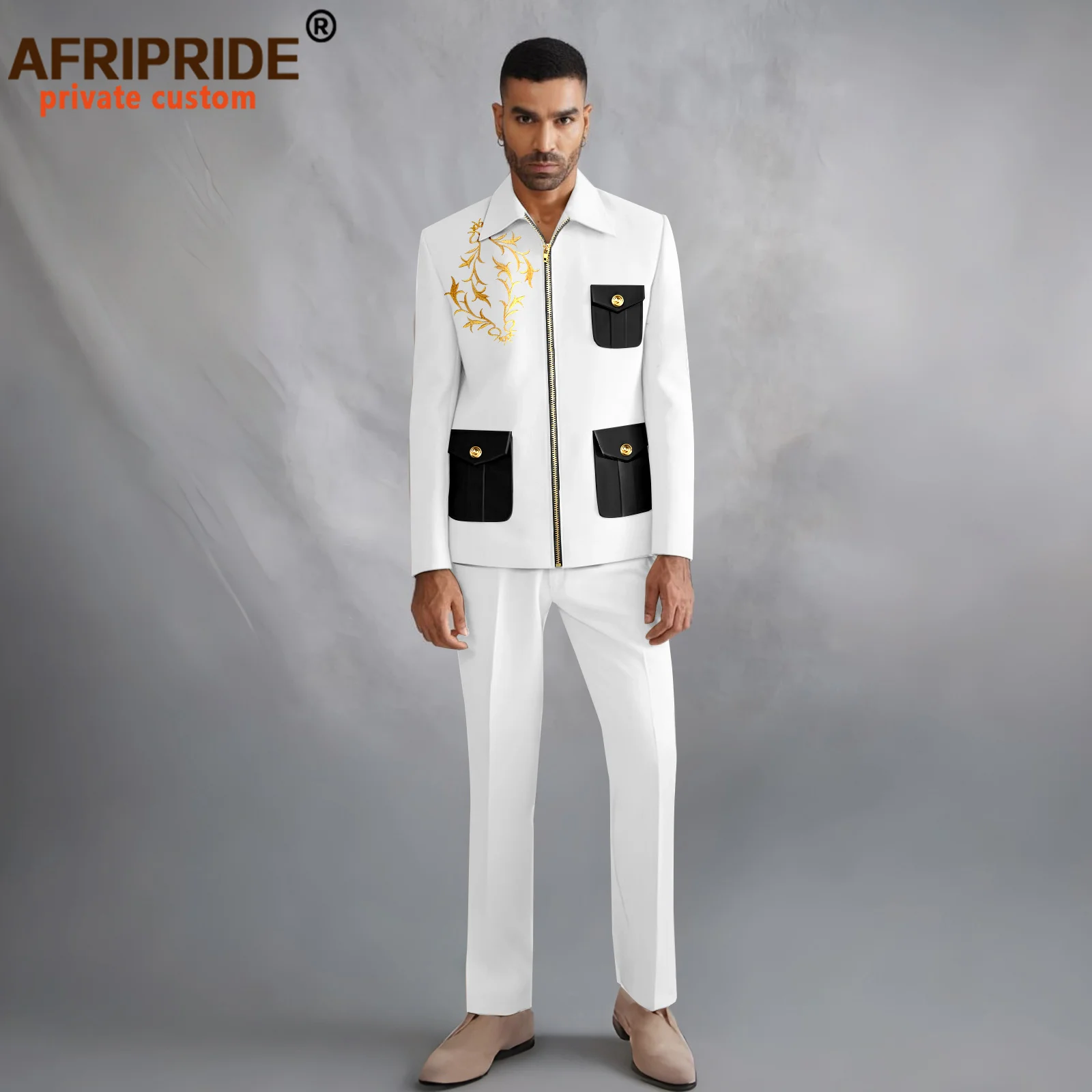 

Men`s Suits Zip Pockets Embroidery Jacket and Pants 2 Piece Set Dashiki Outfits African Clothes for Wedding Evening 2616029