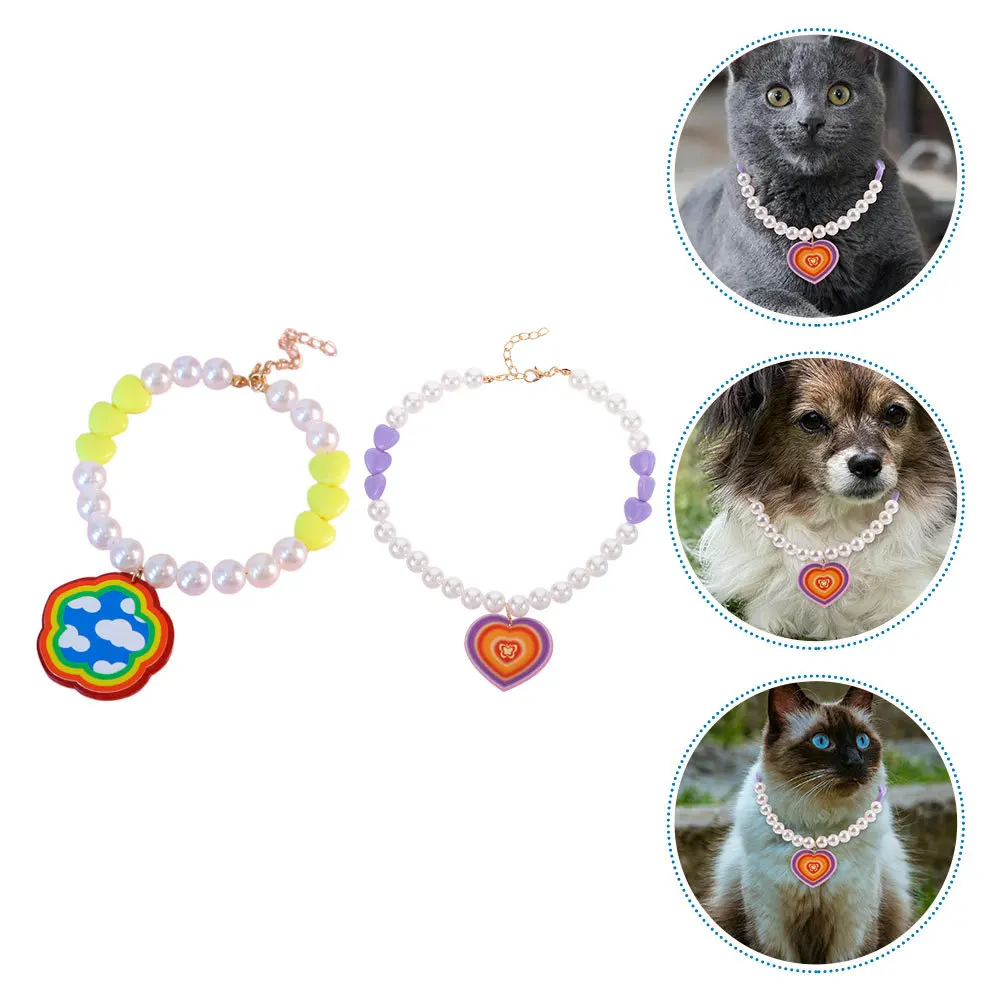 

2Pcs Dog Cat Pet Necklace Collar Heart Beaded Adjustable Colorful Flower Pendant Durable for Use