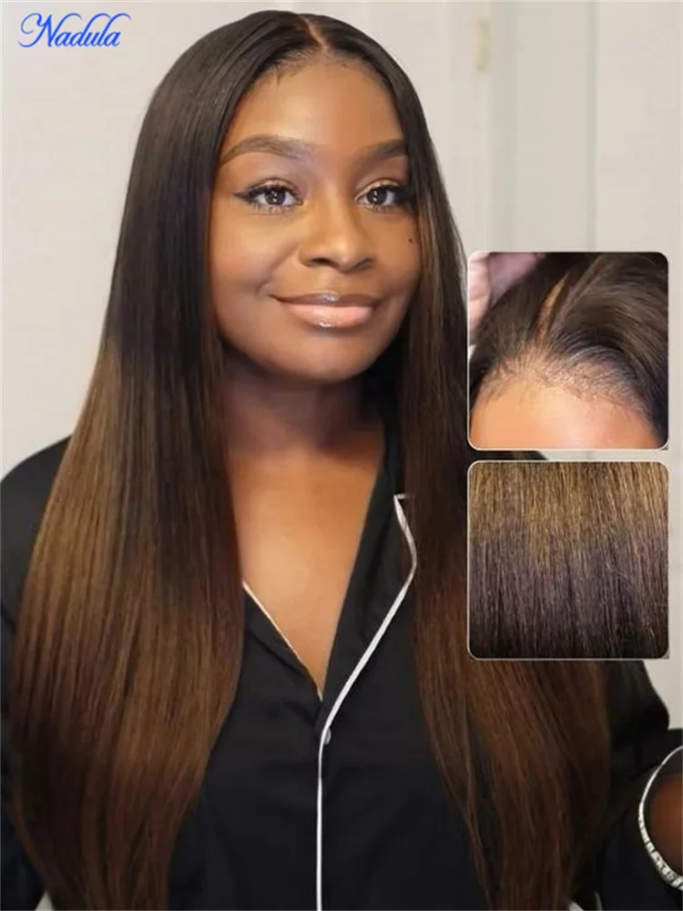 NADULA Chestnut Brown Drawstring Glueless Wig 100% Human Hair Yaki Straight 7X5 Bye-Bye Slip Glueless Human Hair Wigs with Invisi Drawstring Pre Cut HD Tranparent Lace Pre Bleached Knots Ready to Wear for All Size Heads