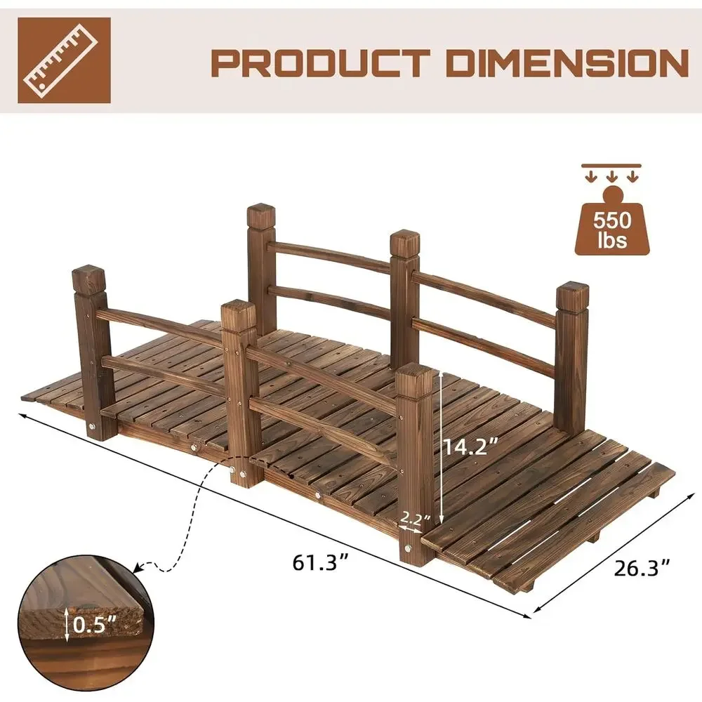 Garden Bridge with Double Safety Rails, Outdoor Stained Wooden Arc Archway, Pond Bridge for Backyard or Landscape Decor