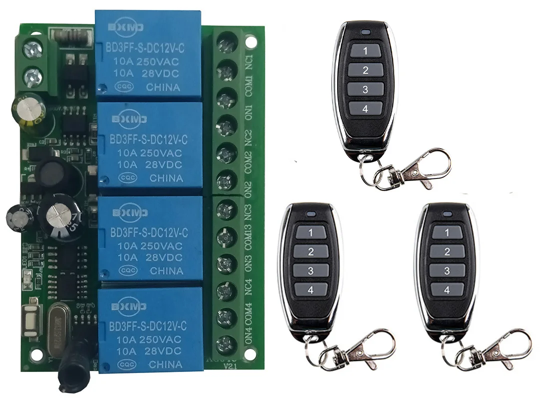 AC 110V 220V 230V 4CH 433MHz RF Remote Control Switch Wireless Radio Relay Receiver Controller for Garage Door LED Light
