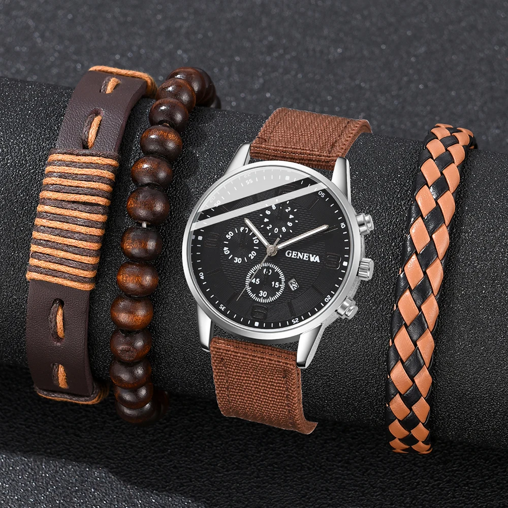 4PCS Brown Men Watch Fashionable Luxury Mechanical Element Dial Quartz Wristwatch Leather Strap Watch Jewelry Set Gift For Him