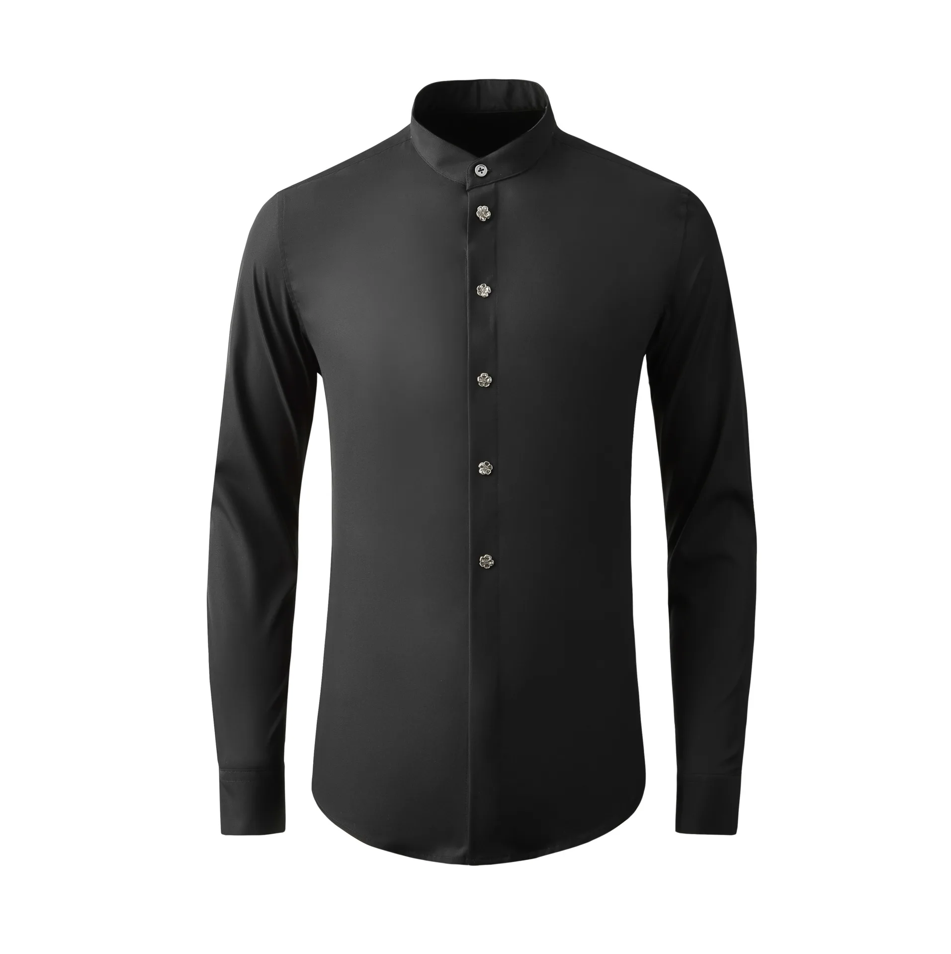 Handsome and fashionable men's shirt decorated with plum blossom and willow, stand up collar, light and mature trend