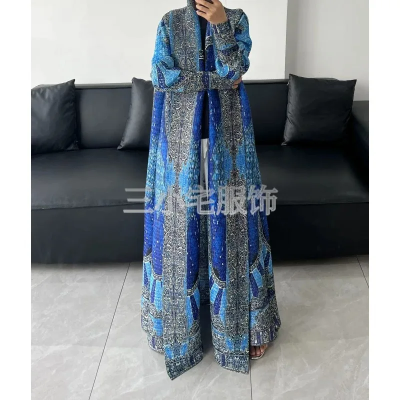 Muslim Abaya Women's Cardigan Dress with Blue Printed Robe for Eid Al Fitr, Ramadan Dubai Long Sleeved Lapel Cardigan Belt