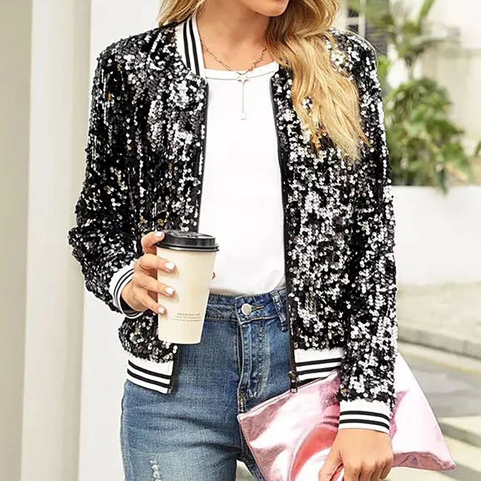 

Spring Autumn Thin Bomber Jacket For Women Cardigan Hip Hop Coats Ladies Sequin Jackets Stripe Long Sleeve Casual Coat