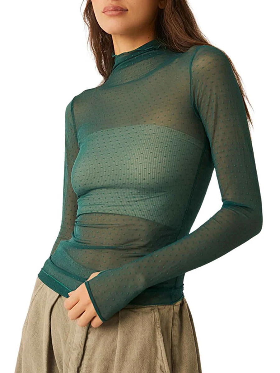 Women Sexy Sheer Mesh T-Shirts Mock Neck Long Sleeve Crop Tops Retro See Through Tees Shirt Fairycore Grunge Streetwear