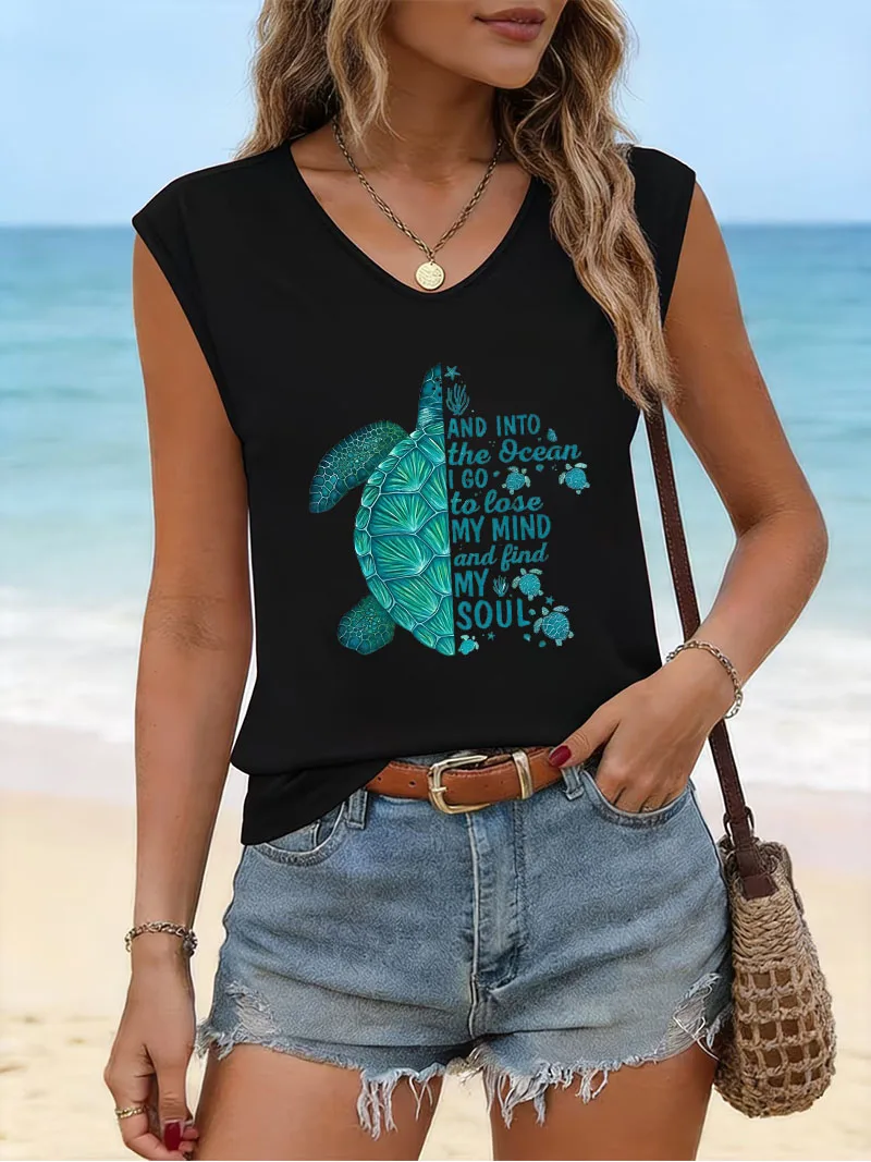 Retro Ocean Sea Turtle Print Streetwear Sleeveless Tank Top T-shirt V Neck Casual Fashion Vest T Shirts Women Tee Shirt V-Neck