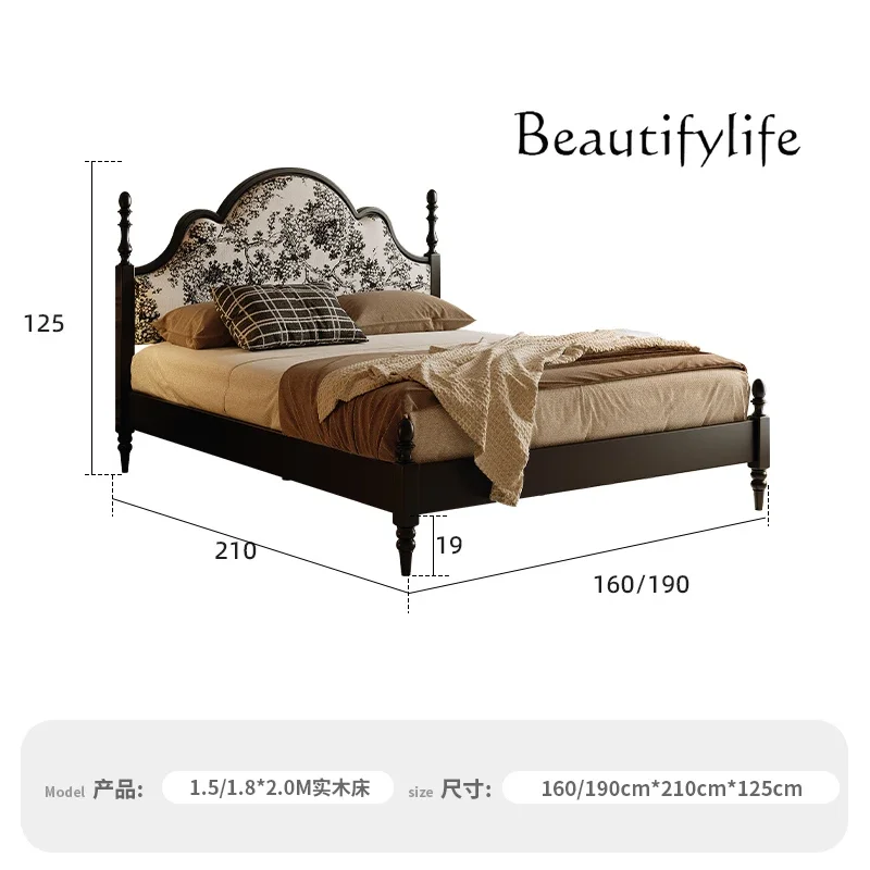 

French retro black double bed master bedroom solid wood American bed light luxury simple big bed soft bag medieval