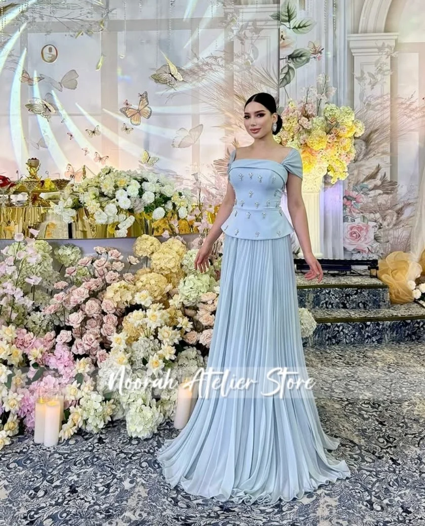 Azul Dubai Mangas Curtas Vestidos de Noite 2025 Vestido de Noiva Frisado Aline Vestido de Baile فساتmaveraVestido Formal Personalizado