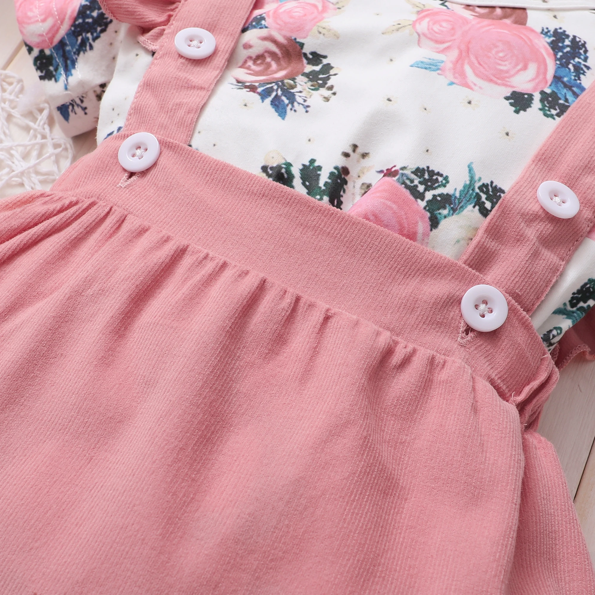 3-24 Months Newborn Baby Girl Dress Baby Princess Dress Short Sleeves Floral Bodysuit + Suspender Skirt + Headband 3PCS Outfit