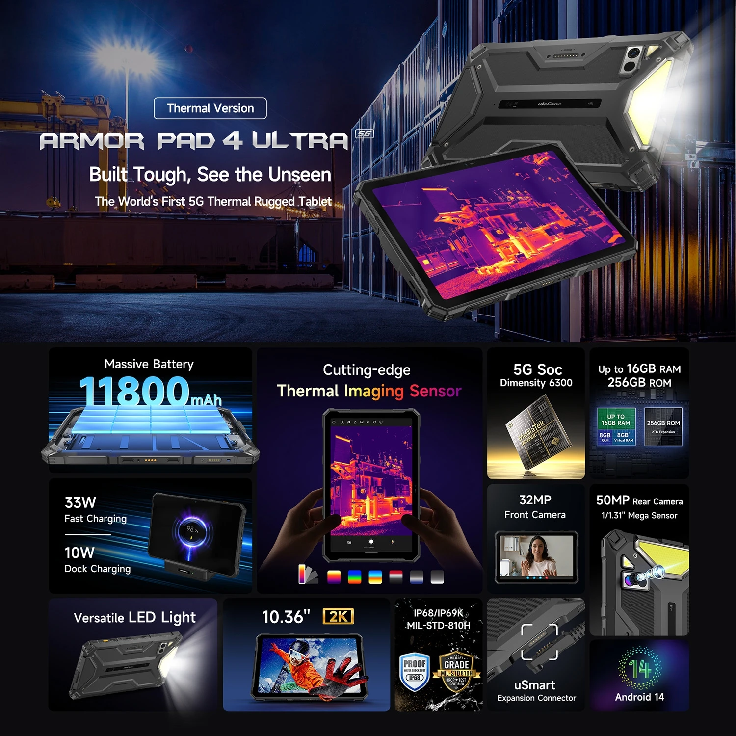 Ulefone Armor Pad 4 Ultra 5G Rugged Tablet Thermal lmaging 11800mAh 33W 10.36