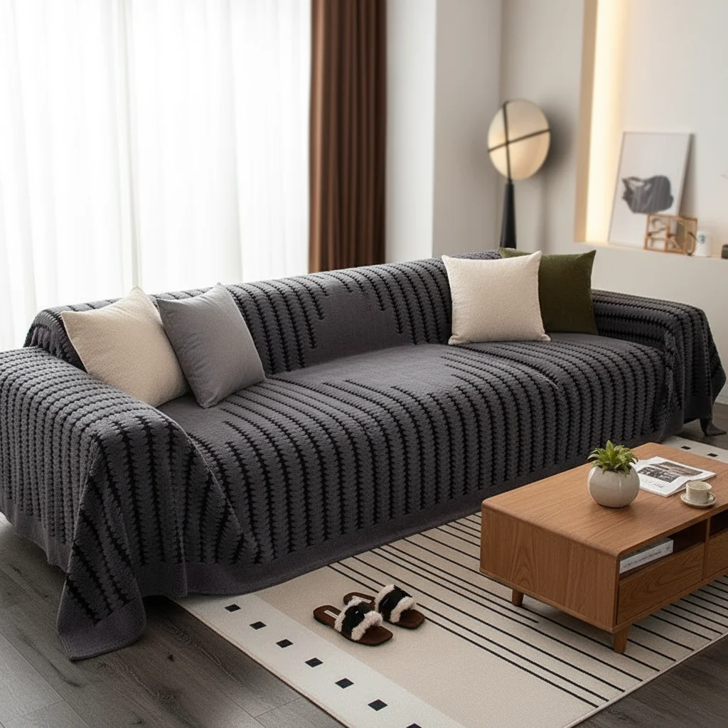 Dark Gray Black Striped Sofa Towel Simple Bohemian Style One-Piece Sofa Cover Cloth Living Room Home Decor