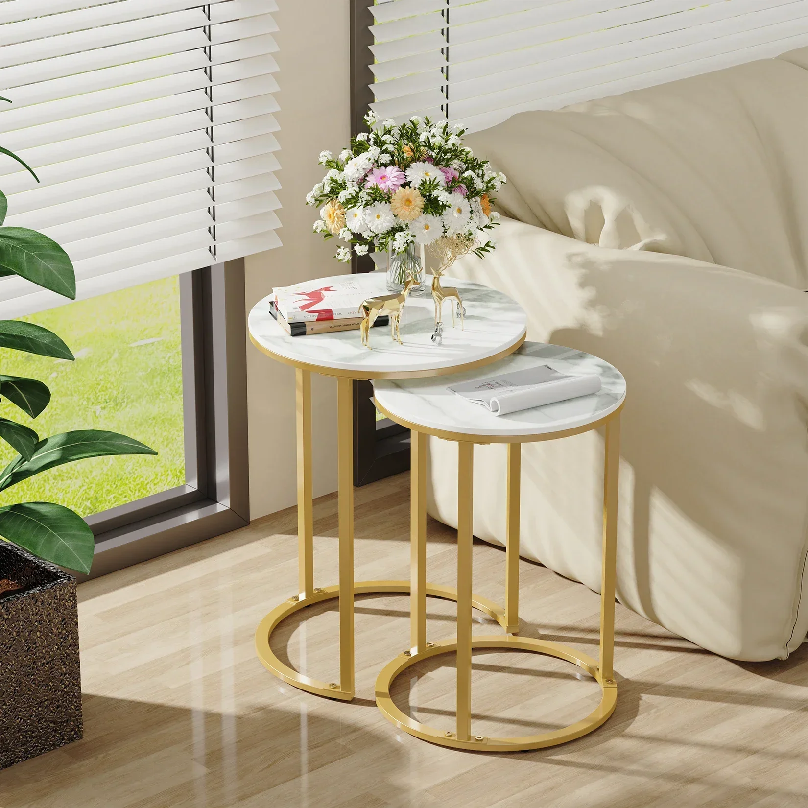 %A Round Side End Table 2PCS Nesting Coffee Table Real Marble Metal Frame Stackable White&Gold