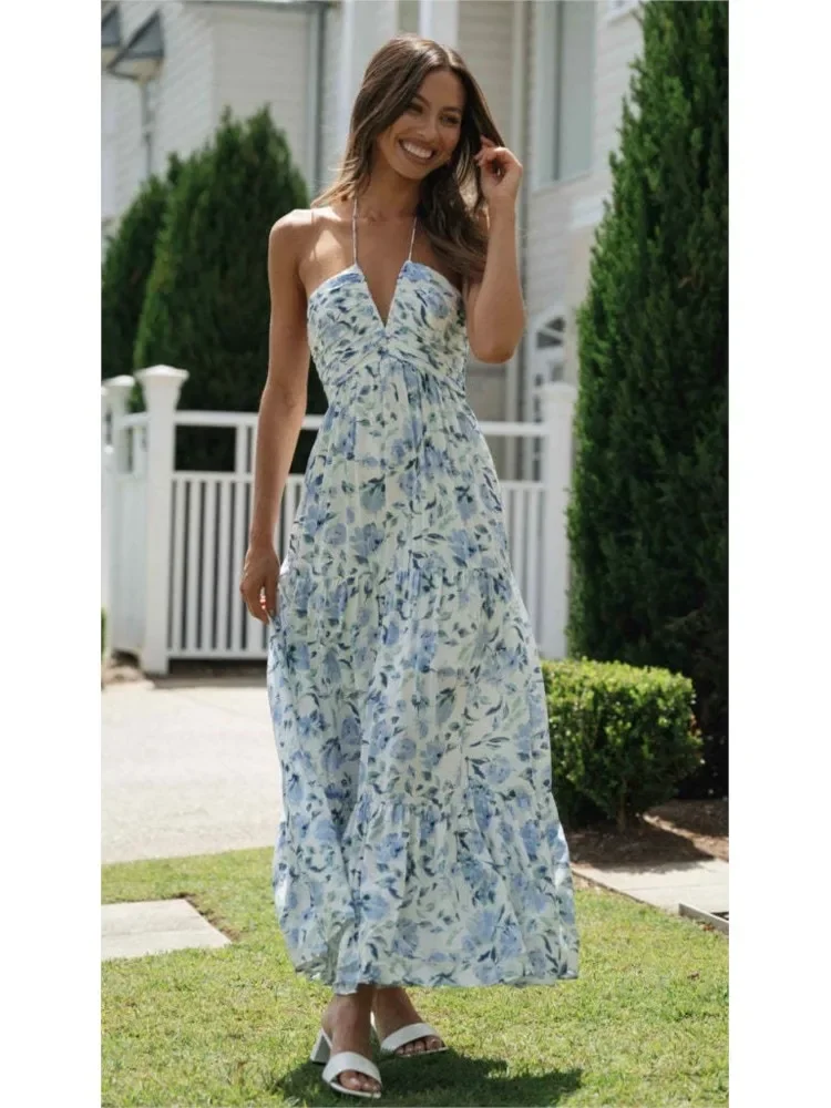 Abiti con scollo all'americana con stampa floreale Temperamento da donna Sexy con spalle scoperte Scollo a V Abito lungo senza schienale Abiti estivi da donna per le vacanze