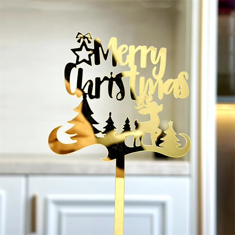 Merry Christmas Party Cake Topper Dessert Decoration Gold Christmas Tree Elk Acrylic Kids Xmas Gifts Cake Topper Baking Supplies