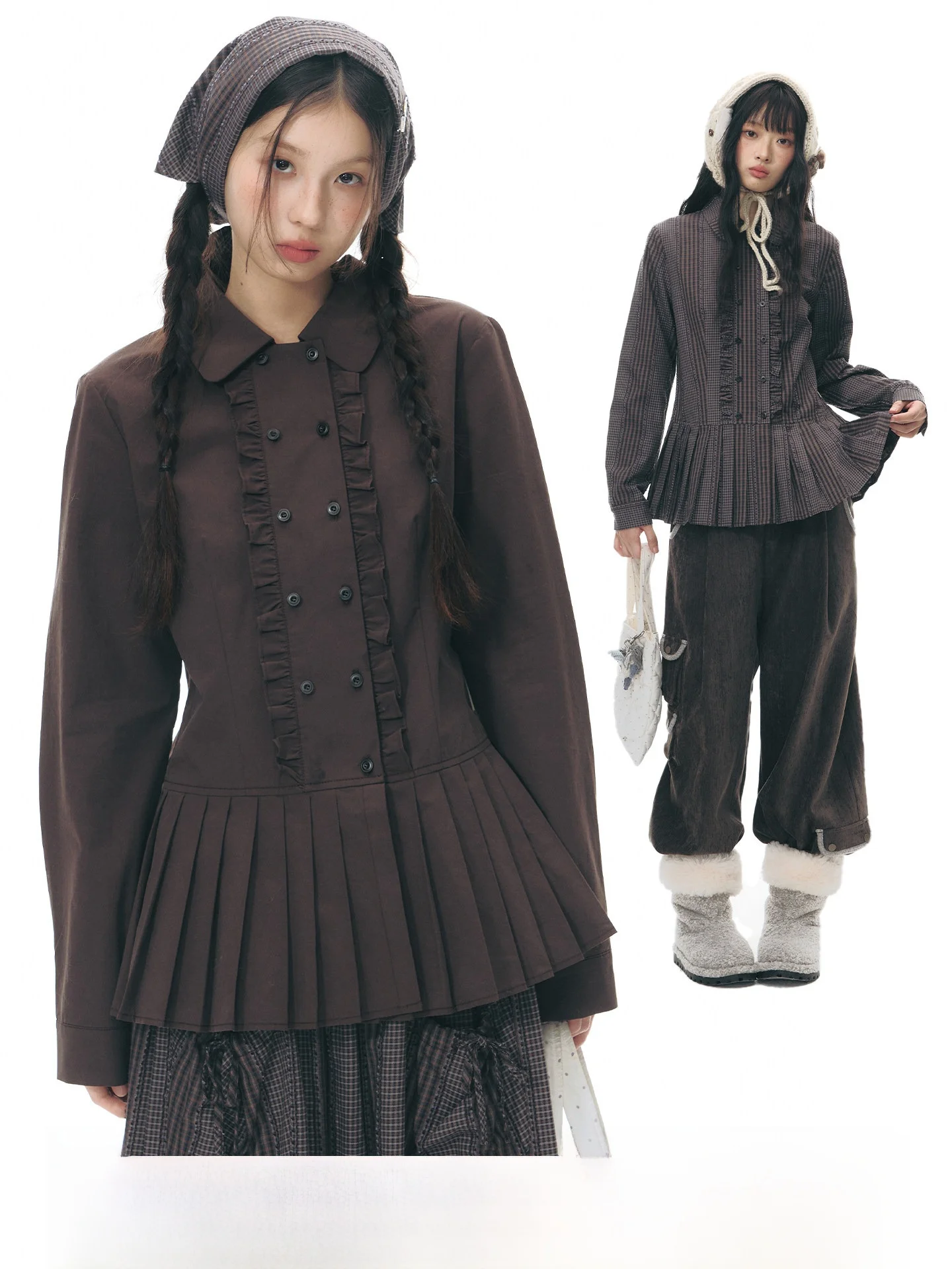 

Оригинальное деревянное украшение для воротника NAPSNAPS, женское, весеннее, в клетку, с завязками на талии, с длинными рукавами, из чистого хлопка, для девочек