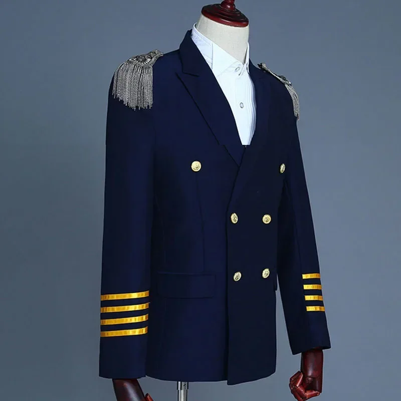 Navy Captain Officer Sailor Peacoat Costume Mens Blazer Suit Military Fringe Marching Band Jacket Uniform For Adult Coat Pants