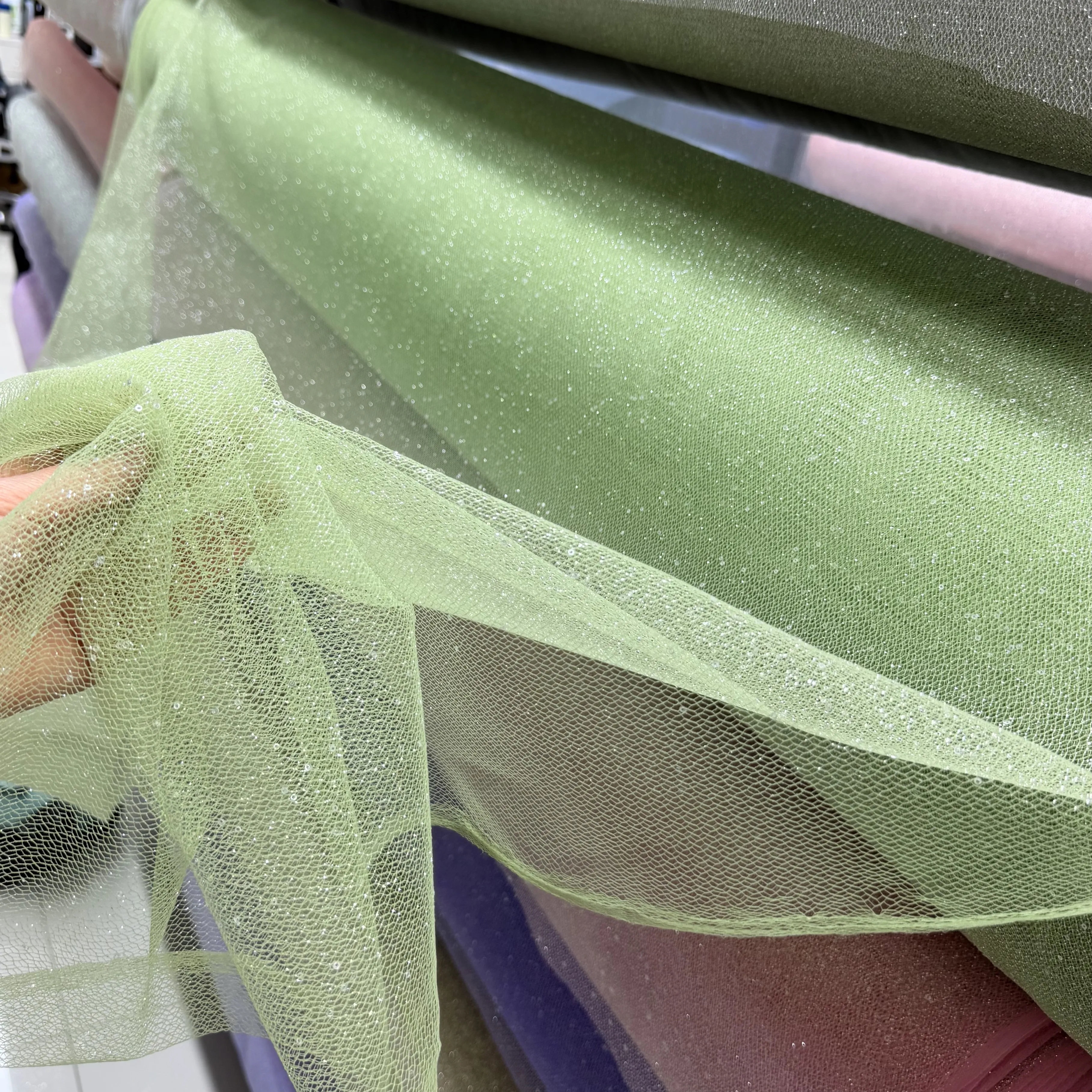 New Green Champagne Glitter Mesh Shiny Draping Fabric for Wedding Dress Clothing Handmade Finish Fabric