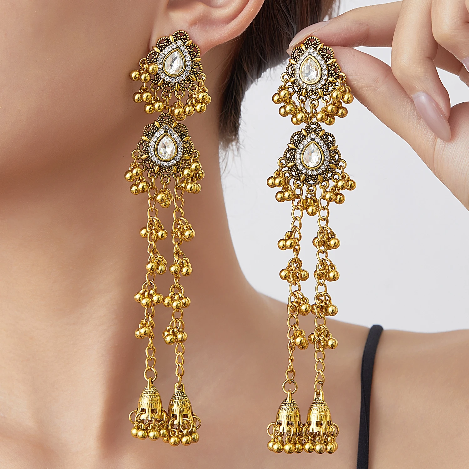 Retro Luxury Blue Crystal Long Tassel Earring Women's Fashion Geometric Water Drop Bell Dangle Earrings Female Wedding Jewelry