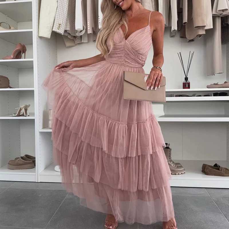 2025 칵테일 V 칼라 솔리드 파티 드레스 섹시한 스윙 높은 허리 파티 드레스 여성 우아한 메쉬 연회 프릴 갈라 드레스