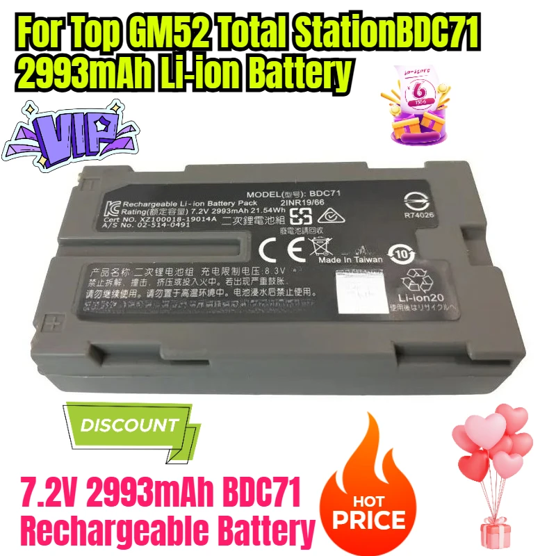 

7.2V 2993mAh BDC71 Rechargeable Battery for Top GM52 Total StationBDC71 2993mAh Li-ion Battery