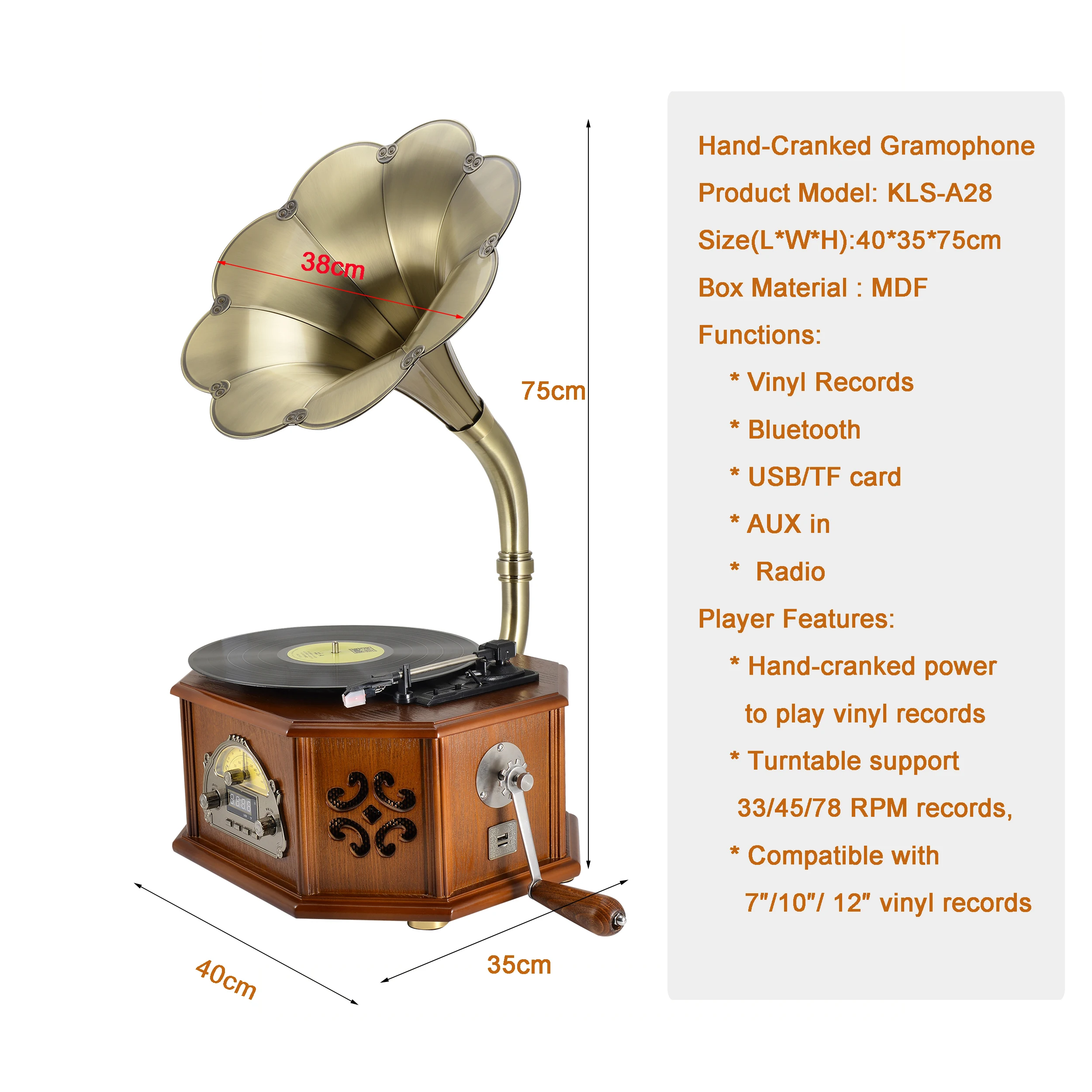 Hand-cranked Electric Phonograph with Bass Stereo Speaker  With Radio,Bluetooth Function, USB mp3 music Player