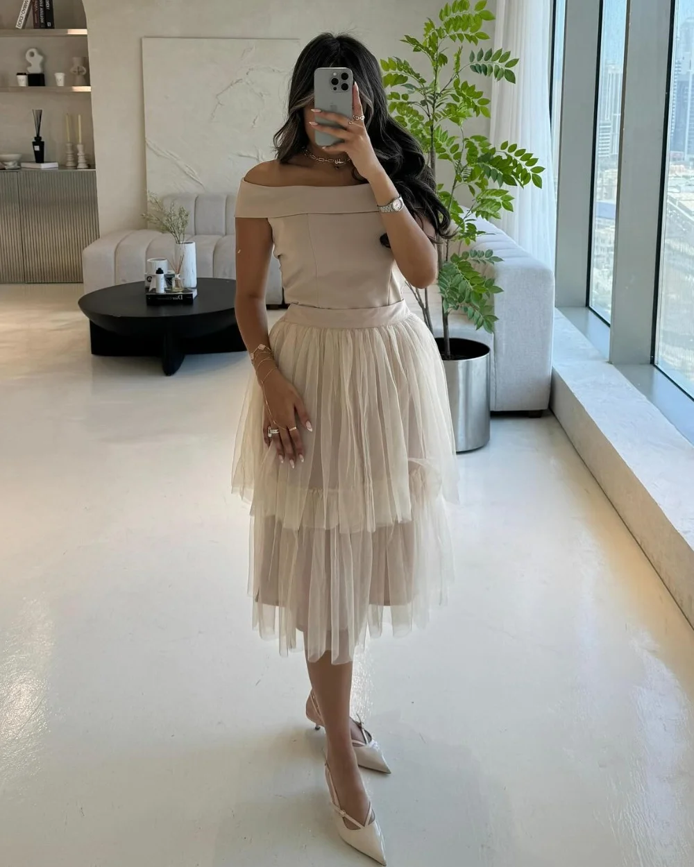 

Customized Modern Style Retro Jersey Tulle Pleat Tiered Sash A-line Off-the-shoulder Midi Dresses Bespoke Occasion Dresses Sexy