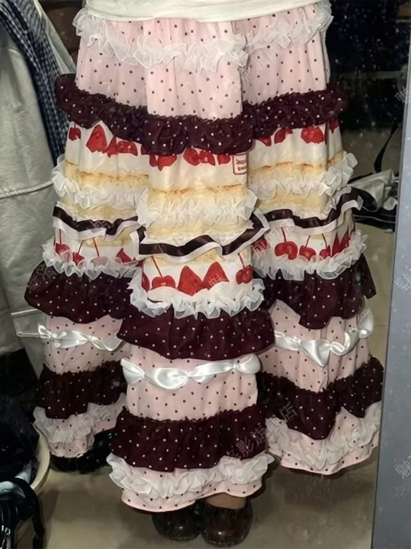 High-end Sweet Patchwork Polka Dot Chiffon Long Skirts Y2K Skirt Women High Waist Multi-Layer A-line Flower Print Skirt Harajuku view 3