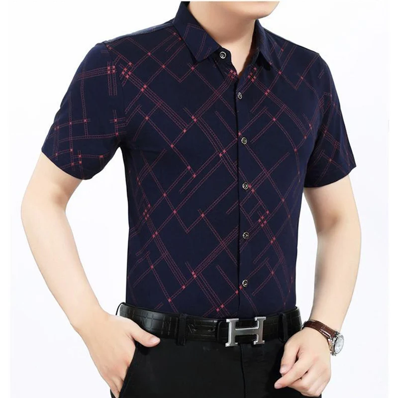 Fashion Lapel Printed Short Sleeve Plaid Shirts Men's Clothing 2024 Summer New Loose All-match Tops Business Casual Shirts