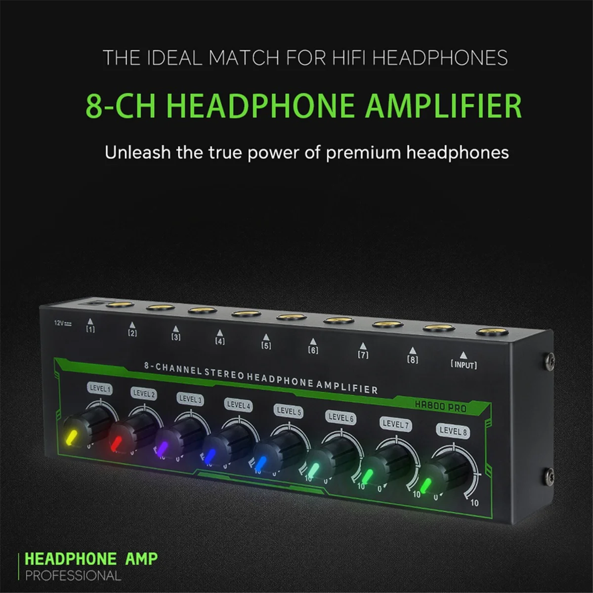 A51I HA800 PRO Amplificatore per cuffie a 8 canali Amplificatore stereo RGB Amplificatore microampli per mixer musicale Registrazione Amplificatore audio (EU)