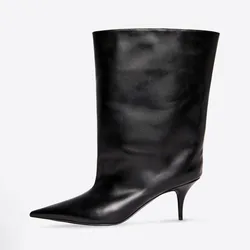 Arden Furtado 2024 New black knee high boots women wide calf Pointed toe mid-calf boots Wide Calf green Catwalk boots Large siz