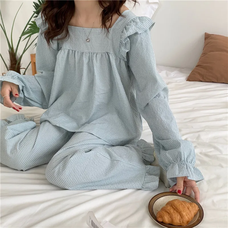 Korean Pink Plaid Autumn Pajamas Set Women Square Collar Ruffles Shirts + Trousers Cotton Sleepwear Ins Loose Vintage Sleepwear