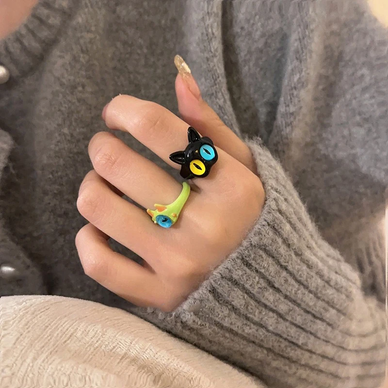 Cute Green Monster Rings Women Fashion Sweet Two Color Cat Eyes Open Couple Ring Wedding Finger Accessories Jewelry Gift