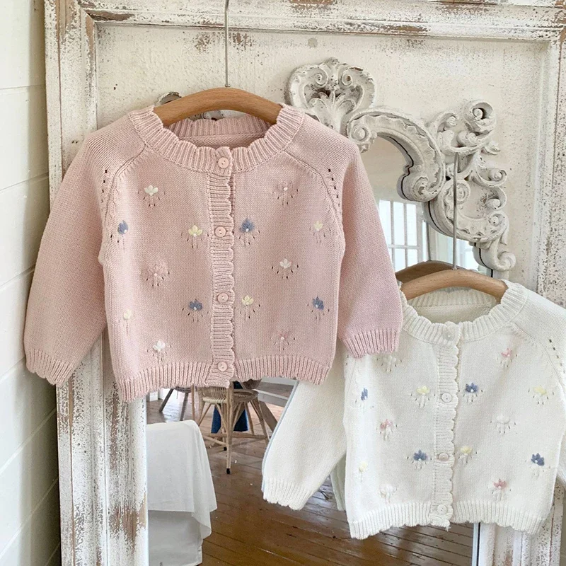 

Autumn Infant Baby Girls Knit Cardigan Hand Embroidered Cardigan Sweater Baby Girl Clothing Spring Baby Girls Knit Flower Coat