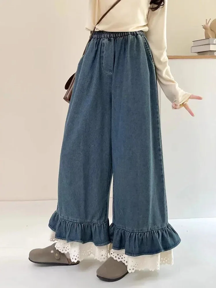 Lace Patchwork Women Jeans Autumn Oversize Sweet Loose Casual Ruffles Denim Pants Vintage Streetwear Female Wide Leg Trouser New