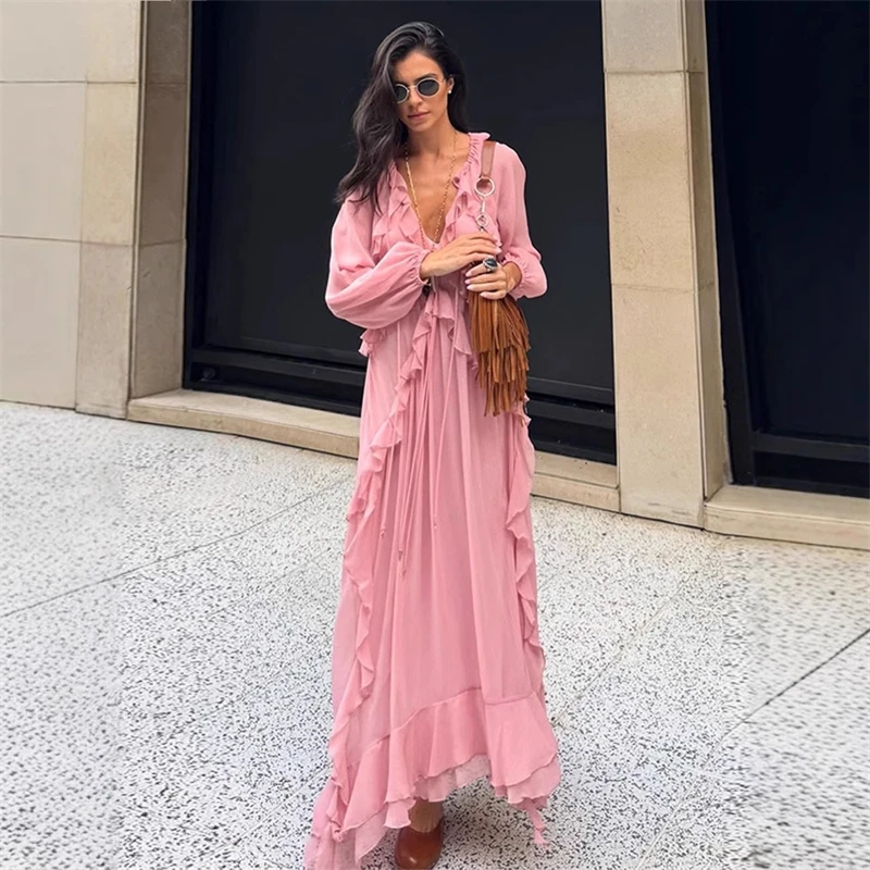 

Women Elegant Pink Chiffon Long Dresses Chic Ruffle Edge V Neck Lantern Sleeve Loose Maxi Dresses 2025 New Female Holiday Robes