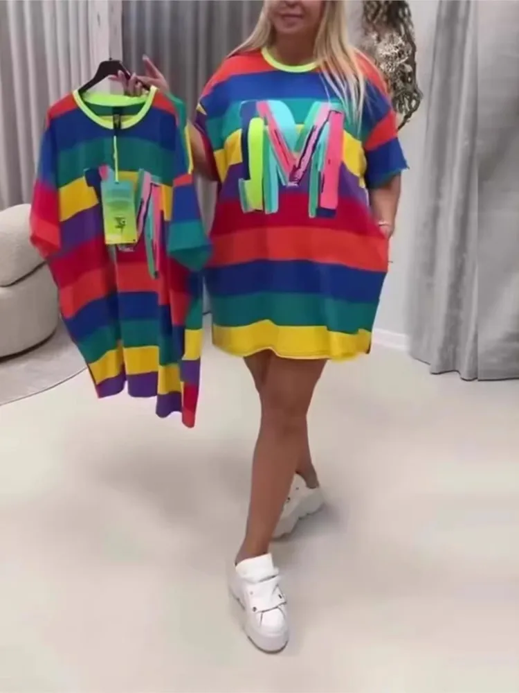 Casual Holiday Dress Summer New Fashion Rainbow Striped Loose Pullover T-shirt Short-sleeve Dress For Women Robe Femme Vestidos