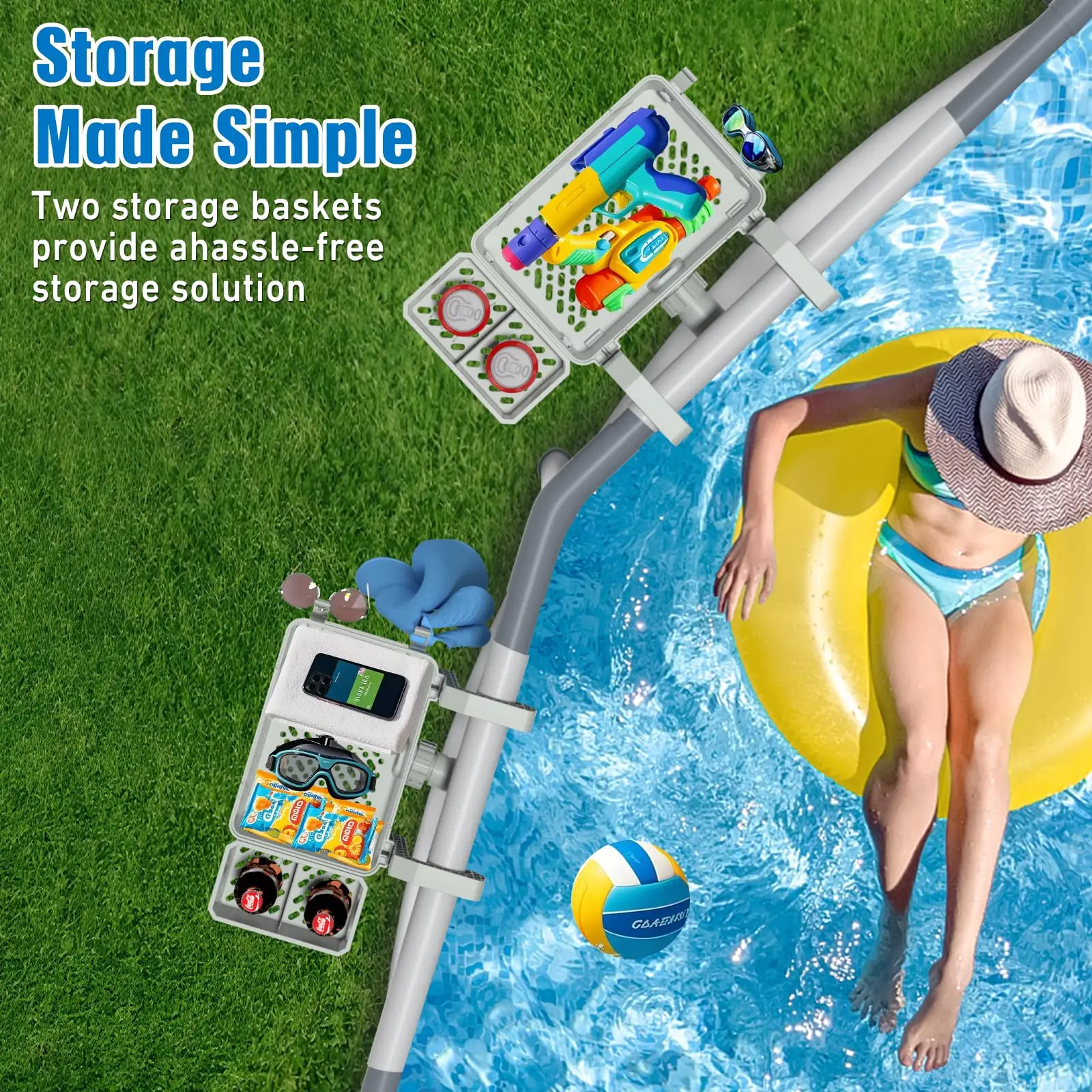 Hanging Pool Storage Basket Adjustable Clamp Pool Side Organizer Tray Drainage Design Cup Holder Towel Hook Frame Swimming Pool view 2