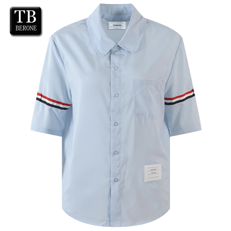 

TB BERONE Four-Bar Thom Men's Shirt Sleeved Ribbon Clothing Poplin Slim Casual Short Sleeve Cotton Korean Fashion Blouses