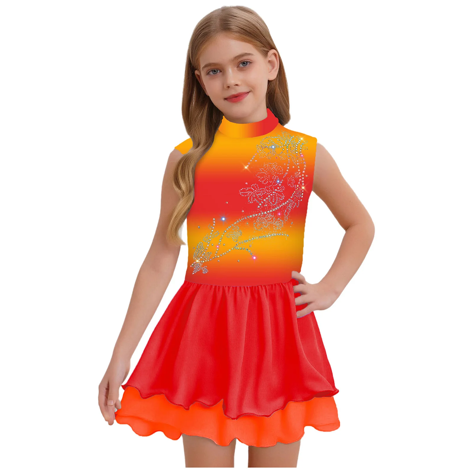

Kids Girls Ballet Leotard Dress Figure Skating Dance Dress Gradient Mock Neck Sleeveless Keyhole Back Sparkly Rhinestones Dress