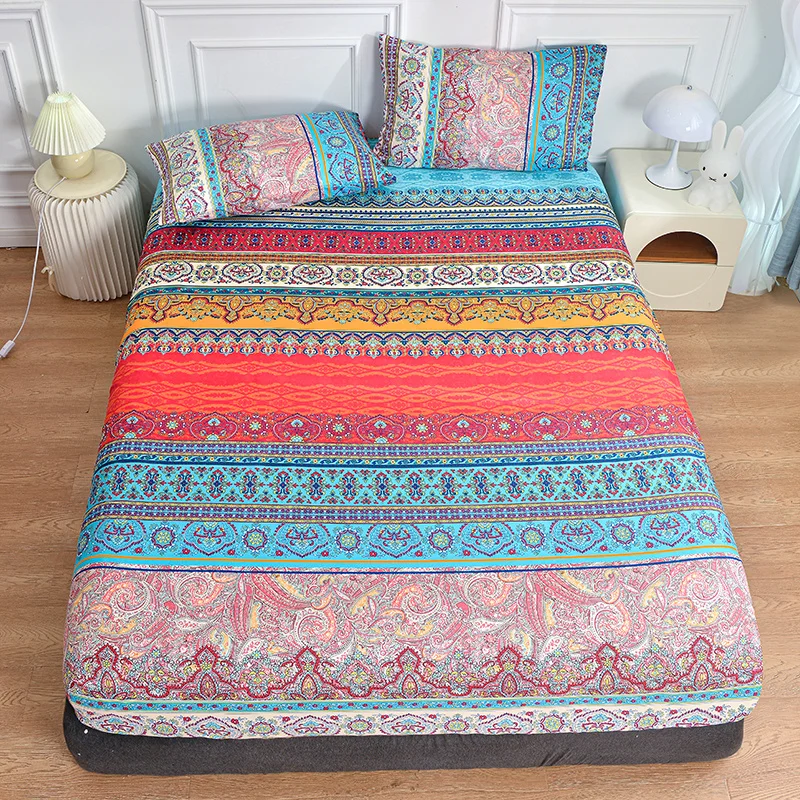 1PC Bohemia Bed Sheet for Double Bed Single/Queen Fitted Bed Sheet with Elastic Band Reactive Printed Mattress Cover 180x200cm