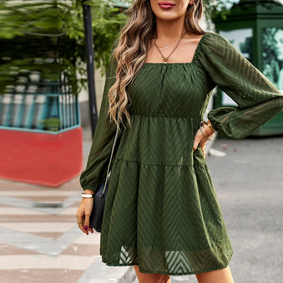 MSFILIA Fashion Square Neck Dress Women Spring Autumn Elegant Long Sleeve Elegant A-Line Short Dress