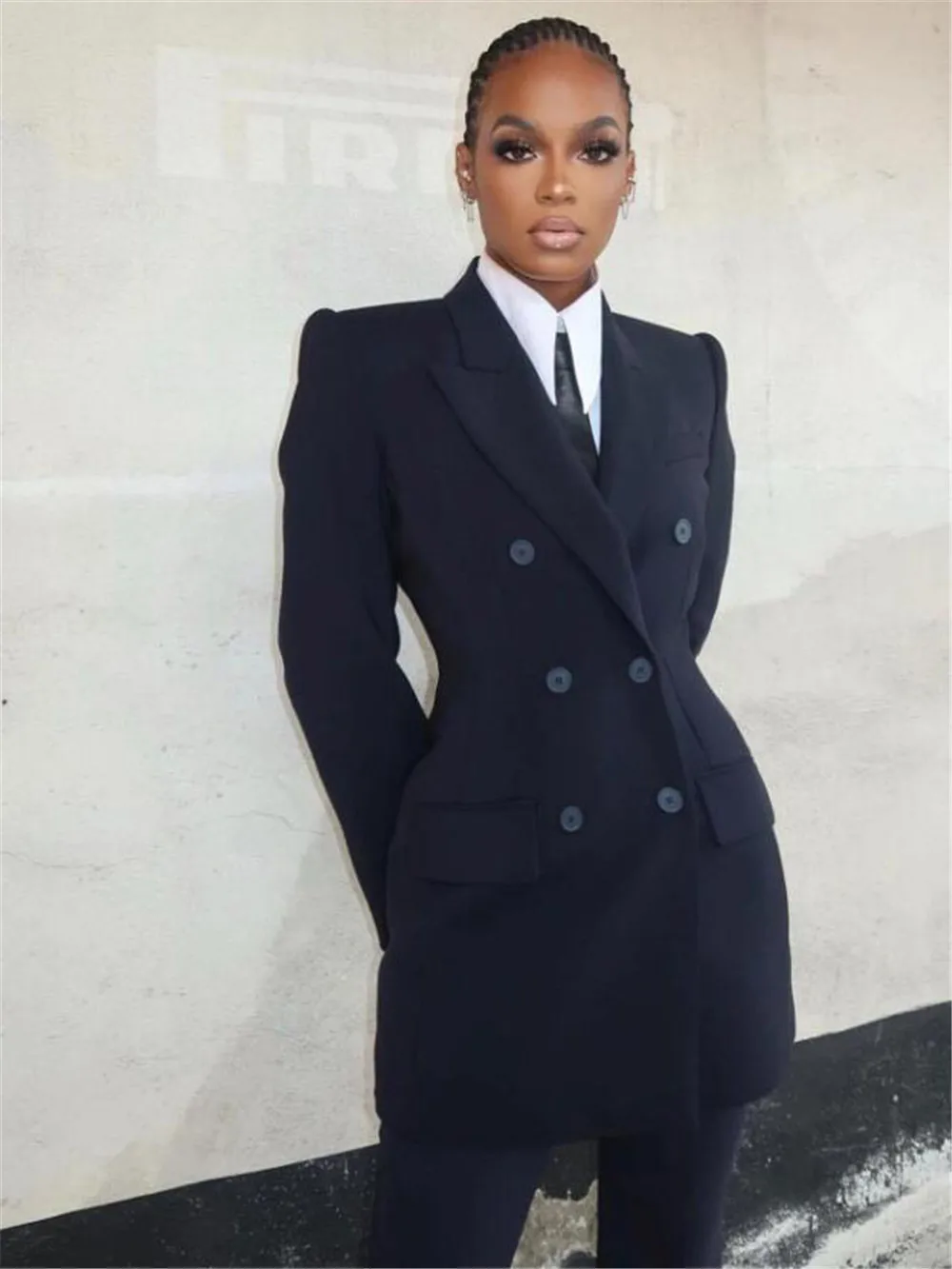 Classic Black Women Suits 2 Pieces Pants Jacket Vintage Double Bressted Blazer Wide Leg Trousers Daily Casual Power Mother Dress