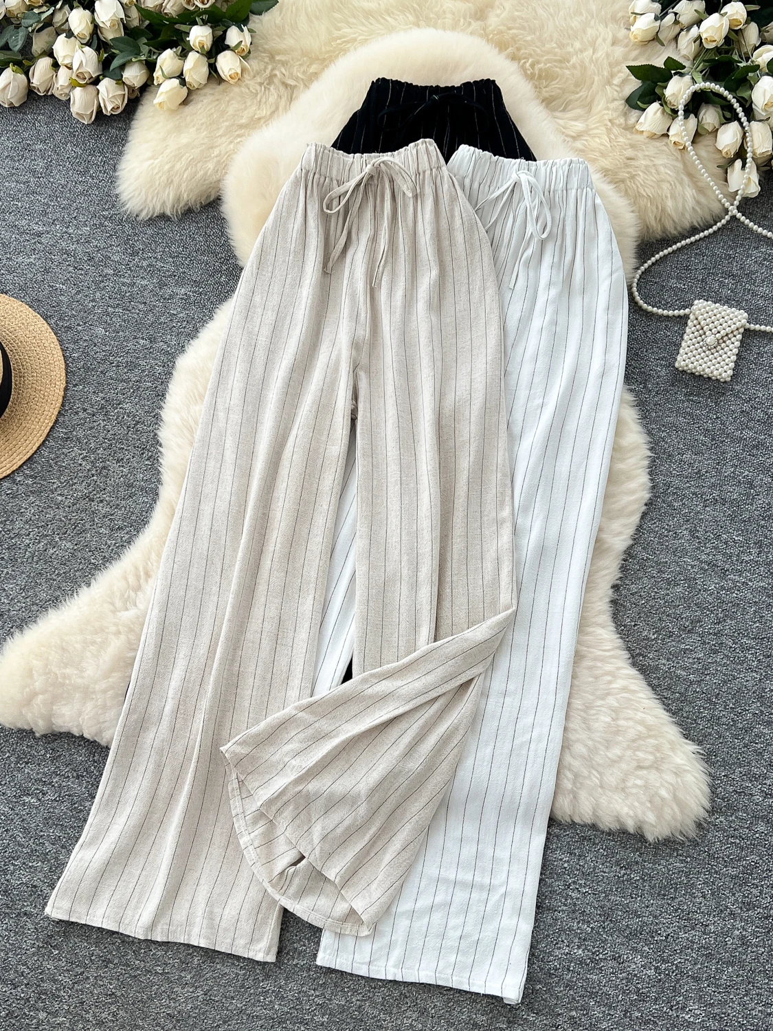 

Ele mat, широкие брюки с высокой талией, женские летние повседневные брюки свободного покроя с эластичной резинкой на талии и поясом, полосатый дизайн