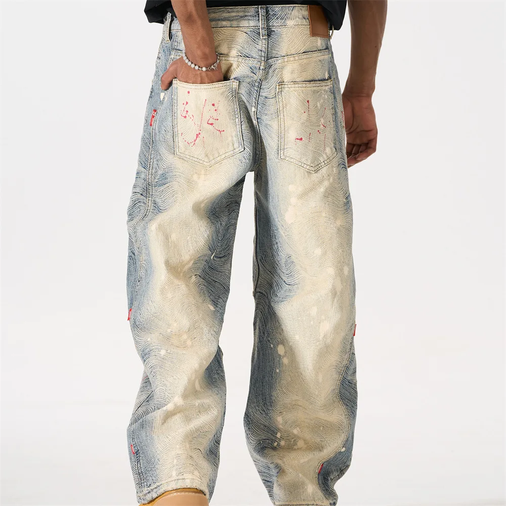 MWJLPWQ Heavy Industry Gradient Tie-Dye Jeans For Men Trendy Niche Design Paint Splatter Distressed Machete Cut Trousers 17300