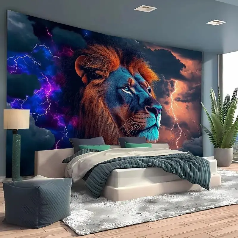 Lion Tapestry - Colorful Stormy Sky, Majestic Animal Wall Art, Bedroom Living Room Decor, Multiple Sizes