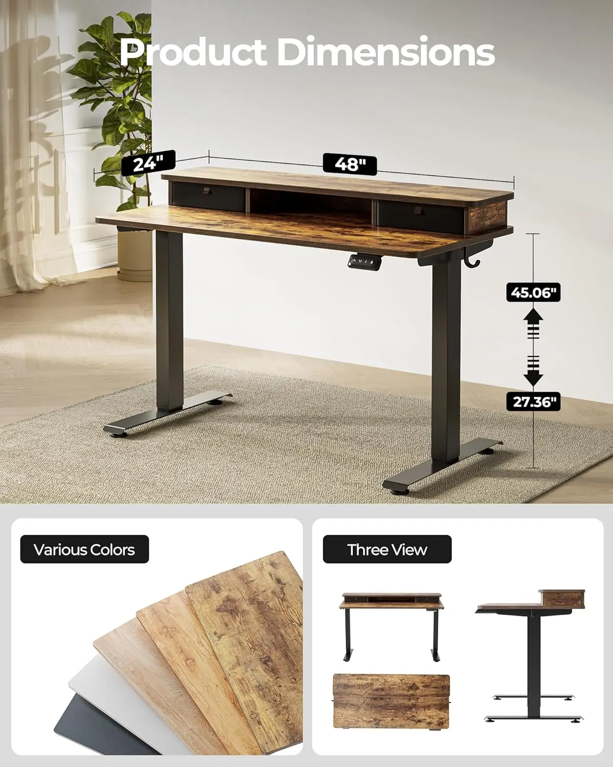 48 x 24 Inch Electric Standing Desk with Double Drawers, Height-Adjustable, Rustic Brown