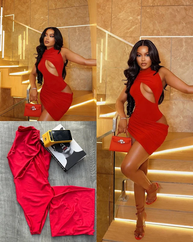 Neu: Sexy Damenkleid mit Ausschnitten, Elegantes Sommerkleid, Gerüschtes Rückenfreies Kleid, Stilvolles Mini-Bodycon-Kleid für Partys, Rotes Kurzkleid