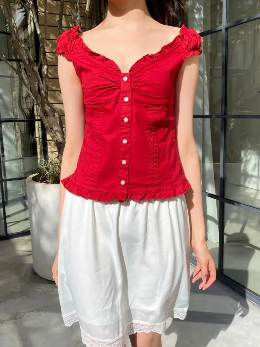 Vintage Red Folds Blouse Top Women Casual Single Breasted Ruffle Sleeveless Tank Tops Vest Girls Sweet Preppy Style Camisole Y2K